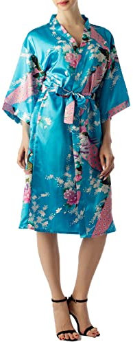 iB-iP Femme Peignoir Mi-long Kimono Japonais Paon Prunier, Taille: 38, Turquoise