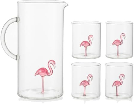 The Wine Savant Flamingo-Krug und 4 Gläser, Dekanter mit 4 rosa Flamingo-Gläsern, 266 ml, elegantes Glas-Set, ideal für Wasser, Eistee, Sangria, Limonade, 1300 ml, 22,9 cm hoch, süßes