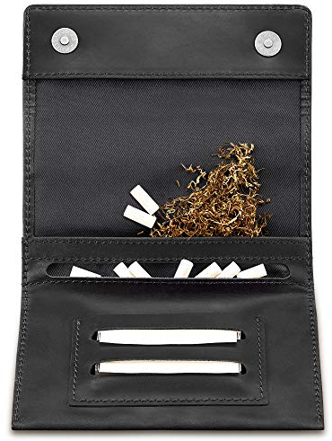 Indian Pearl Bolsa de tabaco de piel auténtica con compartimento extra con cremallera, bolsa para tabaco hecha a mano, bolsa para tabaco (negro/negro)