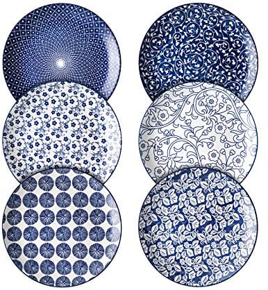 Selamica Teller Set, 25,4 cm große Servierplatte, Kuchenteller, Dessertteller für Salat, Pfannkuchen, Steak, 6er Set, Vintage Blau