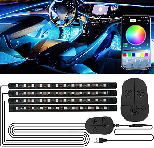 Auto LED Innenbeleuchtung, 48LED RGB-Streifen mit Verbesserter APP und Kontroller Atmosphäre Licht, Wasserdicht Mehrfarbige Musik Fußraumbeleuchtung Strip Kit, Starker Klebstoff, 5V USB-Anschluss