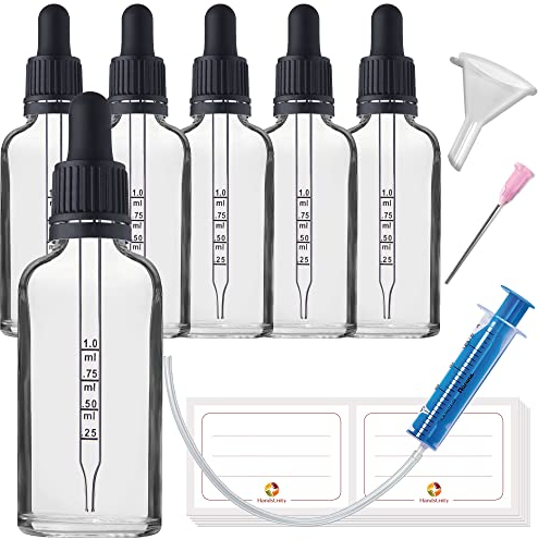 HandsUnity 50ml-6 pièces de Flacon de Verre pour Pipette - Ensemble de Pots de Pharmacie en Verre Transparent Avec Bouchon de Pipette Noir Comprenant 17 Accessoires Flacons en Verre Clair
