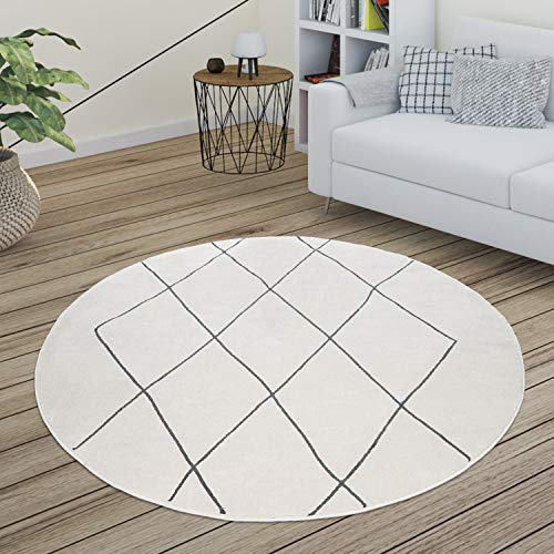 Paco Home Teppich Wohnzimmer Skandi Rauten Muster Modern Weiß Verschiedene Designs Größen, Grösse:200 cm Rund, Farbe:Weiß 2