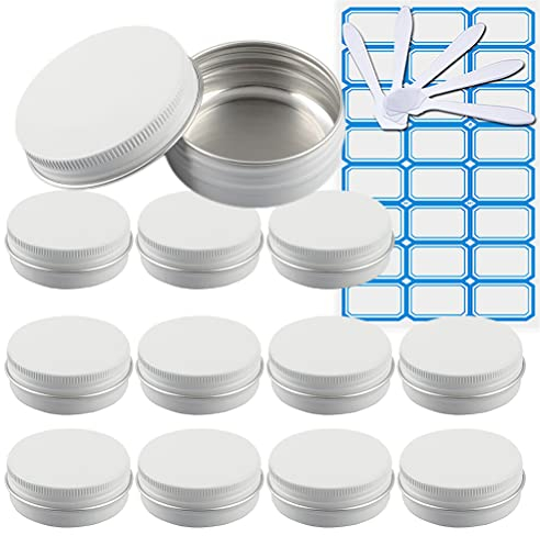 ZEOABSY Pack of 50, Empty 30ml White Aluminium Tins with Screw Lids Round Cosmetics Containers Pots Storage Jars for Lip Balm DIY Candle Salve Powder Crafts with 5 Spatula, 2 Labels