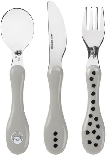 LÄSSIG Juego de cubiertos infantiles (3 piezas, cucharas, tenedor, cuchillo, acero inoxidable, mango de plástico, 3 piezas) Little Chums Cat