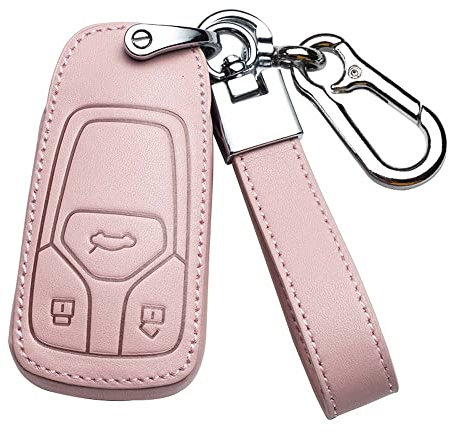 HIBEYO Coque de clé Intelligente en Cuir de Vachette pour Audi A4 A5 Q7 Q5 TT TTS S4 S5 RS4 RS5 télécommande de Porte-clés D 3 Boutons Rose