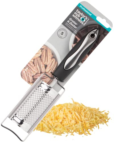 Stainless Steel Kitchen Grater & Zester - Stainless Steel Core, Food Safe, Non-Scratch Nylon Edging & Black Soft Grip Handles, Large Hanging Hole for Easy Storage. Dishwasher Safe. 5 Year Guarantee.