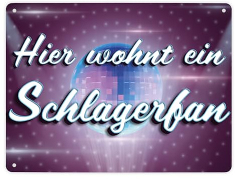 Hier wohnt ein Schlagerfan Metallschild XL in 21x28 cm mit Discokugel witziges Blechschild als Geschenk für Schlagerfans oder als Deko für deine Wohnung wenn du deutschen Schlager