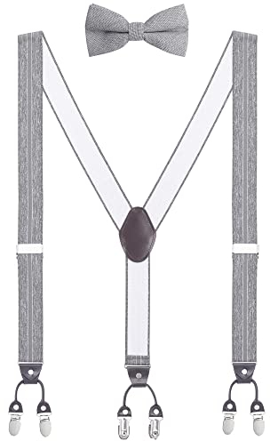 WANYING Herren Y-Form 6 Clips Hosenträger & zwei Fliegen 2 in 1 Set|3,5cm Breit Verlängerte Hosenträger für Körpergröße 170-200cm - Gestreift Grau Dunkelgrau