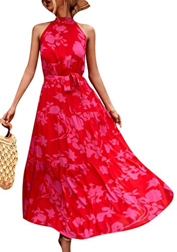 EFOFEI Femme Robe à Nœud Papillon à La Taille Robe Dos Nu à Col Haut Robe Soleil Longue Ceinturée Robe De Soirée Bohème Fleur Rose XXL