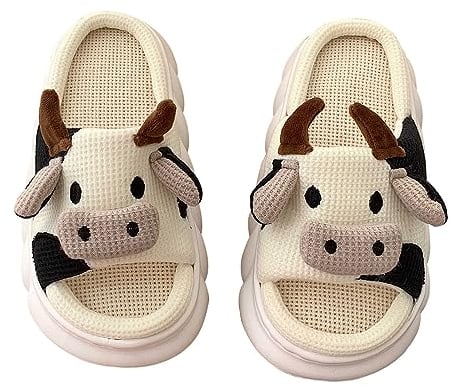 Lenugeo Cartoon Kuh-Hausschuhe Damen Herren, Kawaii Cow Rutschfeste Linen Slippers, Niedliche Kuschelige Stumme Haus Slides | Beige 40-41 EU
