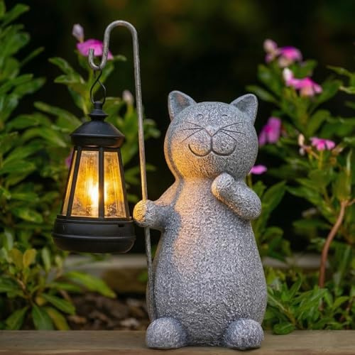 Goodeco Katzenstatue, Solar-Gartenornamente, für den Außenbereich, mit Solarlaterne, Rasen-Dekoration, Katzengartenzubehör für Terrasse, Balkon, Hof, Geschenke für Damen/Männer/Mutter, Geburtstag