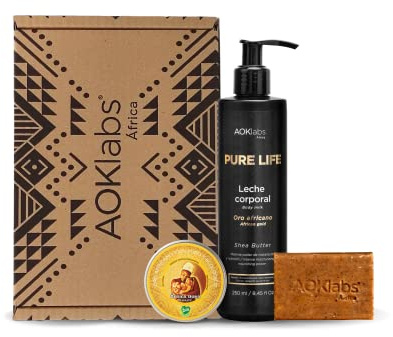 AOKlabs Kanvili Pack mit afrikanischem Gold + schwarze Goldseife + straffende Body Milk I Spezielle Reinigung, Feuchtigkeit und Regeneration der Haut I 3 Stück