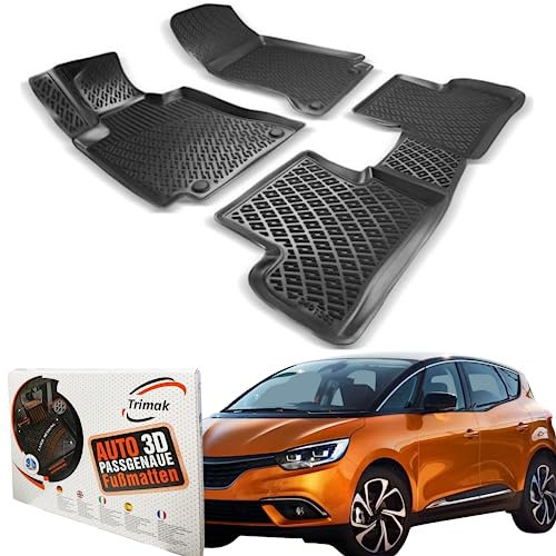 Trimak Passgenau 3D Fussmatten Auto Kompatibel mit Renault Scenic 3 Gen 2009-2016 Auto Zubehör 1. und 2. Reihe Gummimatten Autos TPE Allwetter Geruchlos rutschfest Vorne und Hinten Schwartz