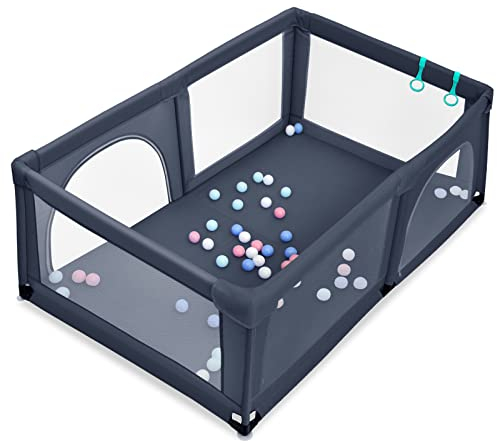 DREAMADE Laufgitter Baby mit Tür, 190 x 120cm Laufstall mit 50 Bunten Bällen & 2 Türem, Absperrgitter für Baby ab 10 Monate, Aktivitätszentrum Schutzgitter (Dunkelgrau)