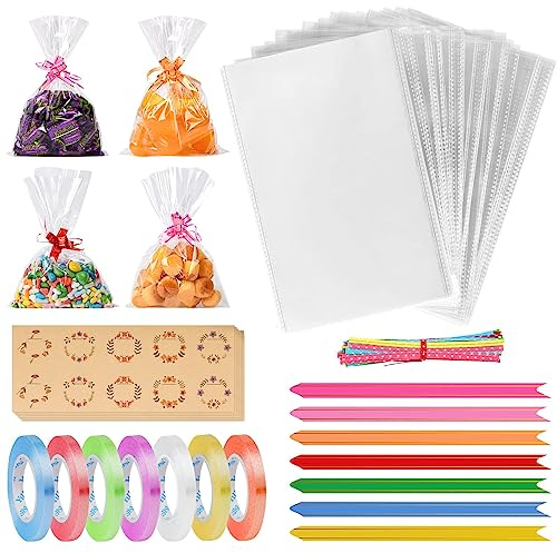 OFFCUP Sachet Bonbon, 70pcs Sachets Transparents Bonbons avec 100 Liens Torsadés Cadeau 70 Nœuds 70 Sealing Stickers et 7 Ribbon, Sachet Plastique Transparent pour Biscuit Confiserie de Noël 12 * 17cm