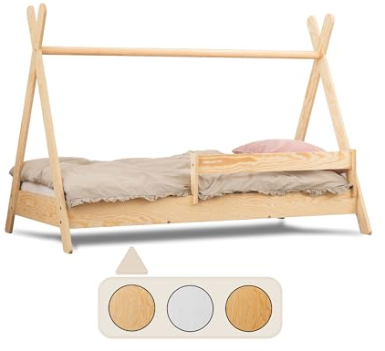 smartwood Tipi Kinderbett 80x160 mit Lattenrost und Rausfallschutz - Montessori Hausbett für Jungen und Mädchen - Bett aus Kiefernsperrholz mit Rausfallschutz und Lattenrost - 160x80 - Naturholz