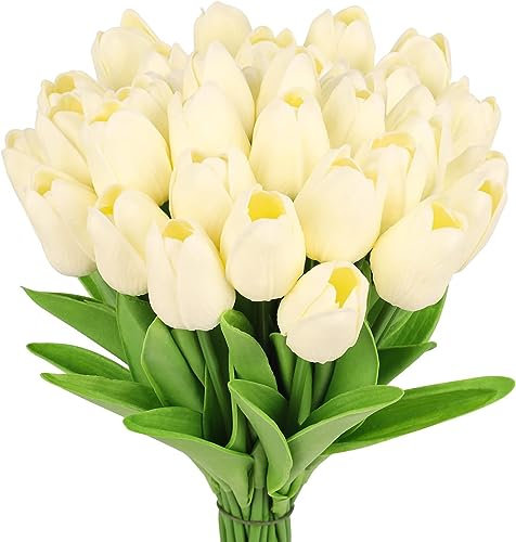 N&T NIETING Künstliche Tulpen, 12 Stück Künstliche Blumen PU Latex Real Touch Tulpen Blumen, Fake Tulpen Blumen Arrangement für Hochzeitsstrauß Party Geburtstag Home Room Büro Deko, Elfenbein