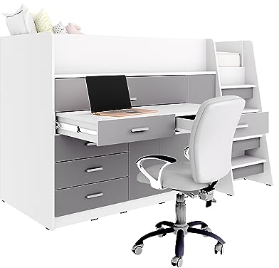 Marlux-Meble Hochbett JSM-1 80x190 TREPPE Links 129 cm Hoch mit Kleiderschrank Schreibtisch Schränke Matt Funktionsbett Etagenbett Stockbett Kinderhochbett Jugendhochbett (Blau Matt)