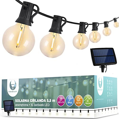 FOREVER Solar-Lichterkette mit 10 Glühbirnen und einer Länge von 5,5m, Perfekte Beleuchtung für Balkon und Ihre Terrasse, Solarleuchten für Garten, wasserdichte Lichterketten mit Solarpanel
