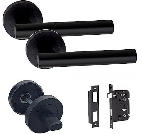 Golden Grace Straight T-Bar Design Bathroom WC Toilet Door Handles Set on Round Rose in Matt Black Finish with 64mm Bathroom Mortise Lock & Thumbturn
