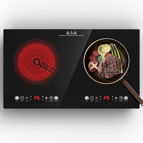 Cocina eléctrica de 2 quemadores de 24 pulgadas, estufa eléctrica de 110 V, quemador de infrarrojos de doble quemador integrado de 2200 W, compatible con todos los utensilios de cocina, múltiples