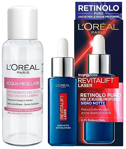 L'Oréal Paris Revitalift Laser Sérum Visage Nuit Anti Âge avec Rétinol Pur et Acide Hyaluronique pour Rides Profondes 30 ml + Eau Micellaire Nettoyant Doux Visage Yeux Lèvres Taille Voyage 30 ml