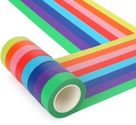 TRUEIN 8 Rotoli Nastro Adesivo Carta Colorato, 18mmX12m Adesivi Nastro Arcobaleno Carta Washi Tape Set, Nastro Adesivo Decorativo Scrivibile Per Painting, Etichettatura, Diy Craft,Decorazione