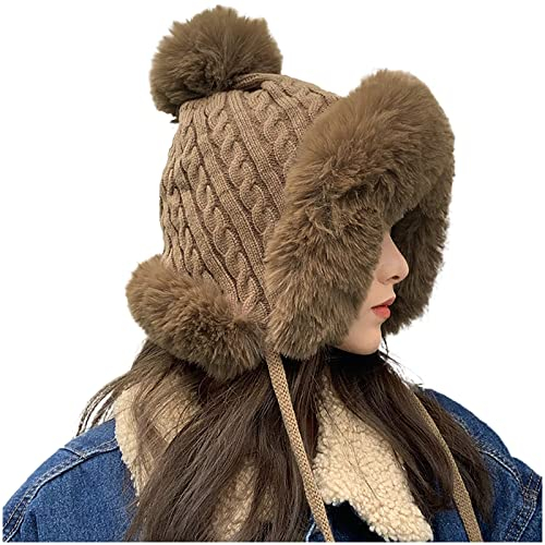 BIISDOST Babymütze Mit Namen Wintermütze Herren Niedliche Pullover-Mütze mit Wollverdickung Haarballen-Vollton-Wollstrick-Ohr-Mütze Fellmütze Mit Ohren Head Cap Herren Winter (Coffee, One Size)