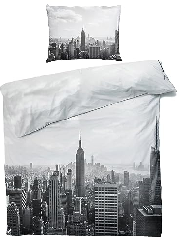 MOBEITI New York Bettwäsche 135x200, Stadt Wendebettwäsche, Weiche Kuschelige Mikrofaser Bettbezug Set 2teilig, 1 Kissenbezug 80x80, mit Reißverschluss