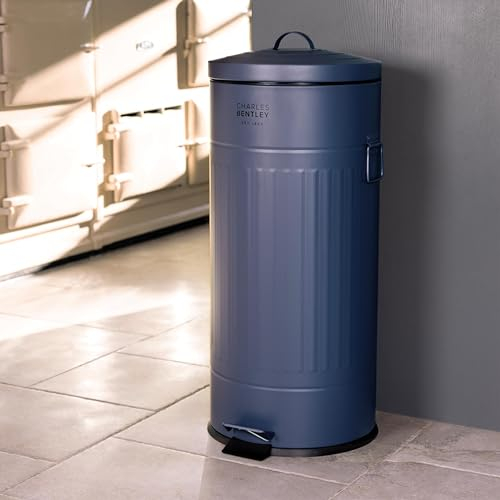 CHARLES BENTLEY Kitchen Bin, 30 Litre, Steel, Round, Retro Style, Kitchen Pedal Waste Bin, Dark Blue, Contemporary, Aesthetic, Convenient, Side And Lid Handles, Inner Bucket, Easy Emptying (68.5x29cm)