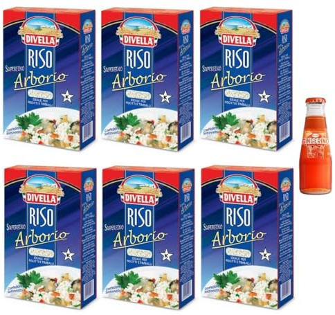 6 Divella Reis Arborio, superfeiner Reis in Bohnen, ideal für Risotto und Timballallen, Vakuumverpackung 1 kg + 1 x Recoaro Aperitivo Italiano Ingwer 10 cl gratis