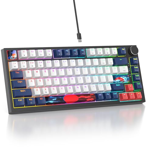 SOLIDEE mechanical keyboard wired 75 percent,Hot Swappable Keyboard,Gasket Structure RGB Backlit keyboard,82 Keys TKL Mechanical Keyboard,NKRO Compact Keyboard with Volume Control Knob(82 Blue White)