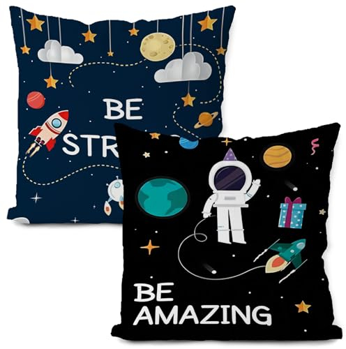 Likjad Raum-Dekoration für Jungenzimmer, Raketen-Kissenbezüge, 45,7 x 45,7 cm, 2 Galaxie-Dekor, Universum, Galaxie, Weltraum, Planet, Kissenbezug für Sofa, Bett, Raumschiff-Dekor, Kinder-Kissenbezug,