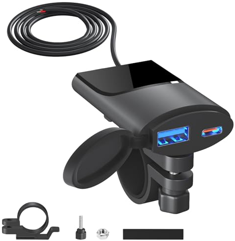 Qidoe 12V/24V Motorrad USB Steckdose Wasserdicht Dual USB Ladegerät Ladebuchse, 30W PD Type C & Quick 3.0 Schnelllade Motorrad USB Telefon Ladegerät Kit für Mobiltelefon, iPad, GPS