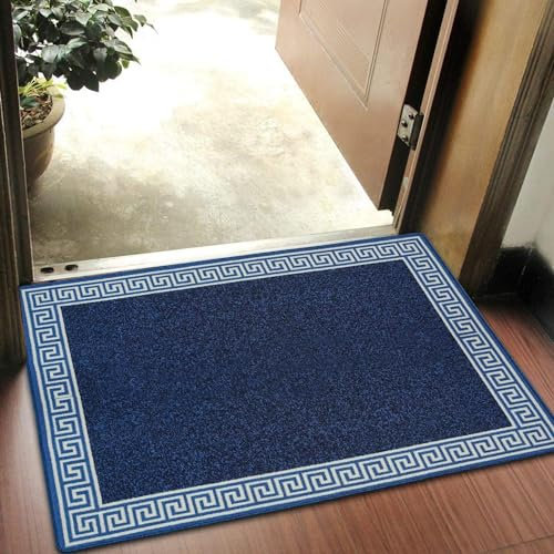 SHEIKH'S TRIPLET Non Slip Door Mat Super Absorbent Heavy Duty Machine Washable Doormats for Kitchen and Office Indoor Outdoor Anti Slip Floor Mat - Greeky Rug (Blue & Cream, 40 x 60 cm)