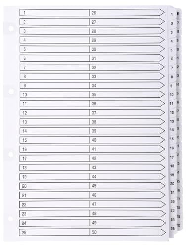 Exacompta - Ref MWD1-50Z – Box mit 4 Registerkarten aus weißem 160 g/m² FSC®-Karton mit 50 digital bedruckten Tabs von 1 bis 50 und laminiert – bedruckbare Indexseite – A4-Format zum Organisieren