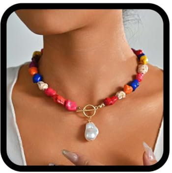 Reaky Boho-Halsketten, türkisfarbene Halskette, Perlenanhänger, Halsketten, Sommer- und Strandschmuck für Damen