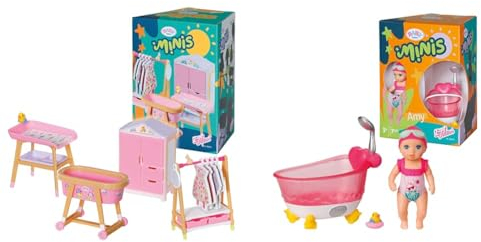 BABY born Minis Playset Möbelset mit Kleiderschrank, Kleiderstange, Stubenwagen und Wickeltisch, 906163 Zapf Creation & Minis Badewannen-Spielset mit Minis-Puppe Amy und Ente, 906101 Zapf Creation