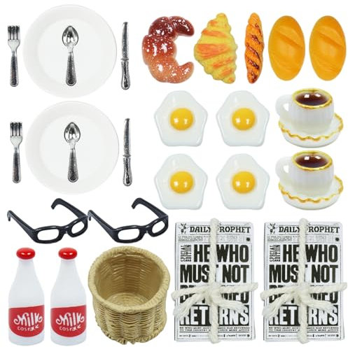 KIKVTER Miniatur Wichtel Zubehör, 24 Stück Puppenhaus Wichteltür Frühstück Set, Wichtel Zubehör Weihnachten Set, 1/12 Mini Geschirr Besteck Teller Eier Milch Brot Tasse Zeitung Messer Gabel