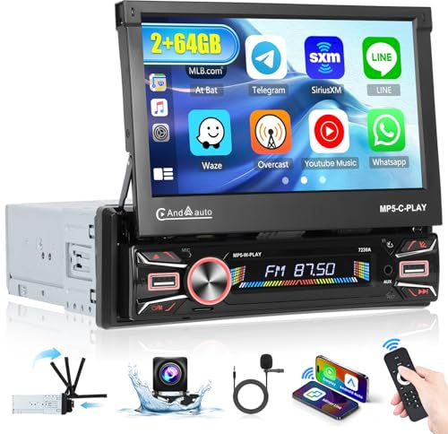 Inefala Android 15 Autoradio 1 Din CarPlay con Schermo Motorizzato (2+64G), 7 Pollici Stereo Auto Bluetooth con Wireless Android Auto CarPlay Mirror Link FM RDS GPS WiFi Telecamera Posteriore AUX USB
