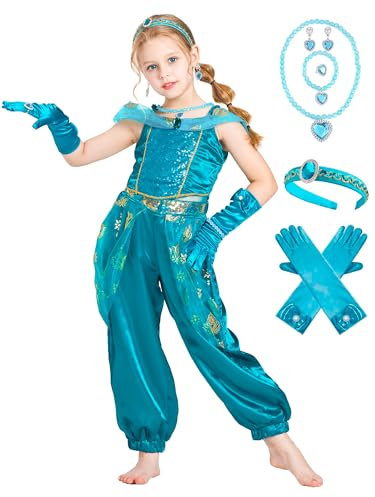 IKALI Kinder Jasmin Kostüm Mädchen Prinzessin Fancy Dress Outfit für Halloween Weihnachten Fasching Karneval Party mit Stirnband Handschuh Halskette 4-6 Jahre