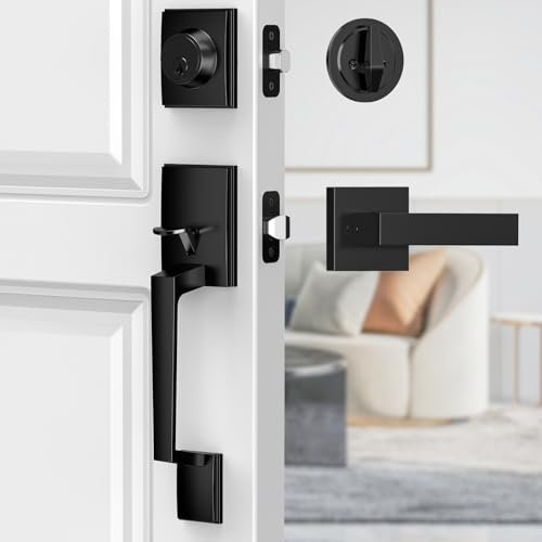 MAXECURITY Black Front Door Lock Set - Modern Exterior Door Handle and Deadbolt, Reversible for Right & Left Handed