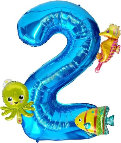 4Pcs Meerestiere Ballons, 40 Inch Luftballon 2. Geburtstag Junge, Meerestiere Folienballon, Ozean Deko, Geeignet für Kindergeburtstage und Ozean Themenpartys