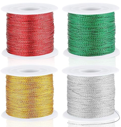 JUNEBRUSHS 440 Yards Weihnachts-Metallkordel-Ornamentschnur, Weihnachtsband-Kordel, Goldene SchnuraufhäNgung zum Basteln Von Ornamenten Schmuckherstellung, Geschenkpapier (Gold, Silber, Rot, GrüN)