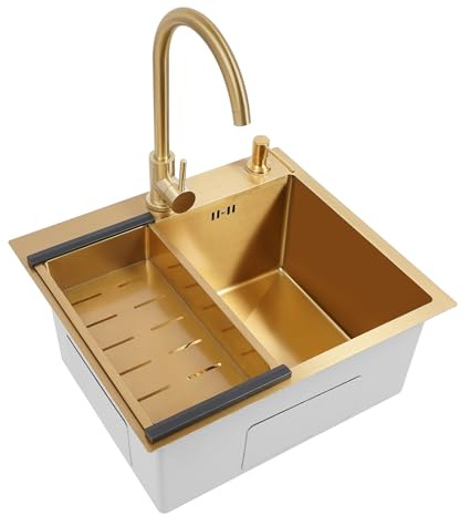 Küchenspüle Edelstahl Spülbecken Waschbecken Spüle Küche Einbauspüle Gold Edelstahlspüle mit Armatur Set, inkl. Abtropfkorb, Siphon Ab- und Überlaufgarnitur, 50 * 45 * 22cm