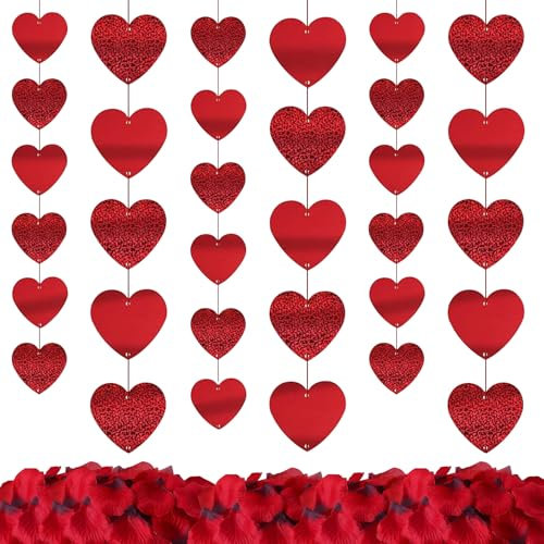 CaiTang 6 Stück Herzgirlande Rot Valentinstag Dekoration,1000 Rosenblätter, Glitzer Herzgirlanden Hängend Herzen Banner, Rotes Herz Girlande Glitter Herzen Banner für Valentinstag Dekoration, 6 * 2M