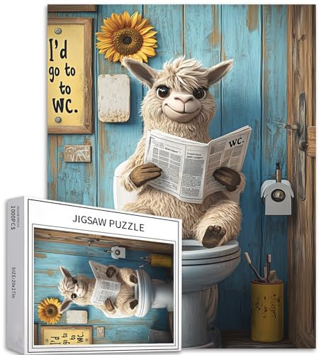Alpaka, sitzend auf Toilettensitz, Zeitung, 1000-teiliges Puzzle für Erwachsene, bunte DIY-Puzzles für Heimdekoration, Geschenke, Familienpuzzle, perfekt für Spielabende, 68 x 50 cm