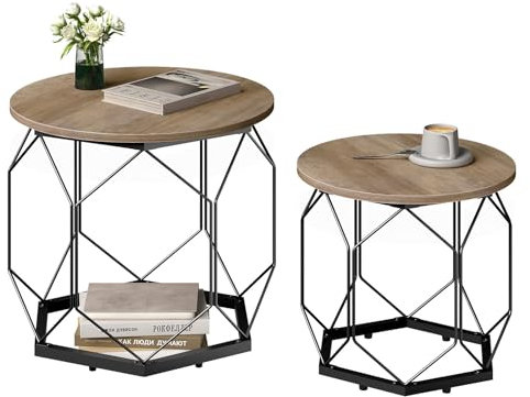 WOLTU 2er Set Couchtisch, Beistelltisch mit runder Tischplatte, Sofatisch mit hohlem Metallrahmen, Wohnzimmertisch mit Stauraum, aus Holzwerkstoff, Graue Holzoptik,BTS05grdc