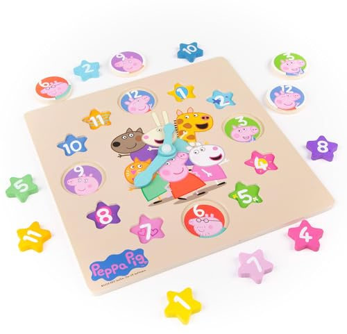 COLORBABY Peppa Pig Lernuhr aus Holz mit ineinandergreifenden Teilen und beweglichen Zeigern, um die Zeit auf lustige Weise mit Kinderfiguren zu lernen (77503)